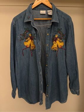 Vintage Bobbie Brooks Plus Size 18W/20W Christmas Denim Shirt Embroidered Bells
